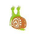 Funny snail character, back view, cute green mollusk hand drawn vector Illustration Royalty Free Stock Photo