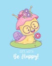 Funny snail character pretty woman in hat with flowers. Cute insect kawaii character. Vector illustration. Cool poster