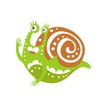 Funny snail character raising hand, cute green mollusk hand drawn vector Illustration Royalty Free Stock Photo