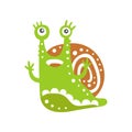 Funny snail character raising its hands, cute green mollusk hand drawn vector Illustration Royalty Free Stock Photo