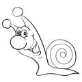 Funny snail character smiling and in a hurry, outline drawing, isolated object on a white background,