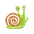Funny snail character waving its hand, cute green mollusk hand drawn vector Illustration Royalty Free Stock Photo