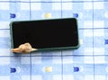 Funny snail crawling and crossing cell phone with blue background