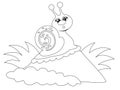 Funny snail on a hill of stones. Raster, page for printable children coloring book.