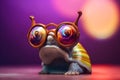 Funny snail wearing sunglasses in studio with a colorful and bright background. Generative AI