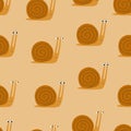 Funny snails hand drawn vector illustration. Adorable brown slugs. Animal seamless pattern.