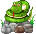 Funny snake cartoon posing on stone with smile and sticking her tongue out