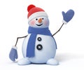 Funny Snowman with a Blue Scarf Waves on a White Background. 3d render with a work path