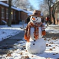 Funny snowman with a carrot nose on a city street.