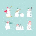 Funny Snowman Character with Carrot Nose Engaged in Different Activity Vector Set Royalty Free Stock Photo