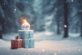 Funny snowman with gifts in snowy forest gives direction. Copy space. Postcard, invitation for Christmas and new year Royalty Free Stock Photo