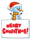 Funny snowman holding white page. Greeting Christmas card, vector illustration isolated Royalty Free Stock Photo