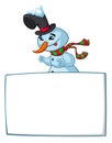 Funny snowman holding white page. Greeting Christmas card, vector illustration isolated Royalty Free Stock Photo