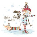 Funny snowman in a knitted hat and scarf with a crow and a dog Dachshund. Christmas card. Watercolors and graphics. Vector