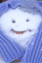 Funny snowman for New year 2021. New year`s pumpkin snowman in a hand-knitted lilac scarf Royalty Free Stock Photo