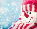 Funny snowman portrait against snowfall