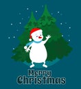 Funny snowman in a red scarf waves hello near the Christmas trees. Merry Christmas text. Christmas scene for postcard in cartoon