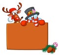 Funny snowman and reindeer holding wooden blank board. Greeting Christmas card, vector illustration isolated Royalty Free Stock Photo