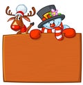 Funny snowman and reindeer holding wooden blank board. Greeting Christmas card, vector illustration isolated Royalty Free Stock Photo