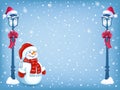 Funny Snowman in santa hat and Christmas vintage streetlamp with red bow