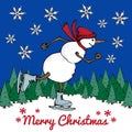 Funny Snowman skates. Cute winter holiday card. Character in a hat and knitted scarf. Vector cartoon illustration. Merry