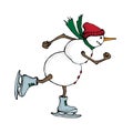 Funny Snowman skates. Cute winter holiday icon. Blackline ink person in a hat and knitted scarf. Vector hand drawn