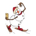 Funny Snowman skiing. Cute winter holiday. The character with a smartphone takes a selfie. Hand drawn doodle Royalty Free Stock Photo