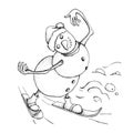 Funny Snowman skiing. Cute winter holiday icon. Blackline ink person in a hat and knitted scarf. Vector hand drawn