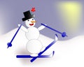 Funny snowman skiing in the mountains