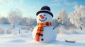 Funny snowman in stylish black hat and yellow scalf on snowy field. Merry Christmass and happy New Year