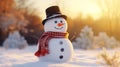 Funny snowman in stylish black hat and yellow scalf on snowy field. Merry Christmass and happy New Year