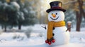 Funny snowman in stylish black hat and yellow scalf on snowy field. Merry Christmass and happy New Year