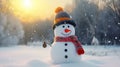 Funny snowman in stylish black hat and yellow scalf on snowy field. Merry Christmass and happy New Year