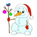 Funny snowman with toys. Cartoon character snowman isolated