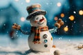 Funny snowman under snow at night. Generative AI