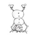 Funny Snowman upside down in sketched style. Cute winter holiday icon. Black line ink person in hat and knitted scarf. Vector Royalty Free Stock Photo