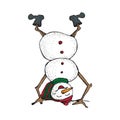 Funny Snowman upside down in sketched style. Cute winter holiday icon. Black line ink person in hat and knitted scarf. Vector Royalty Free Stock Photo