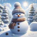 Funny snowman in a warm knitted hat and scarf on the snow in the winter forest with Christmas trees in the background