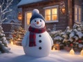 a funny snowman wearing hat and scarf standing in the backyard of the idyllic house. Royalty Free Stock Photo