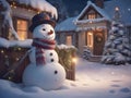 a funny snowman wearing hat and scarf standing in the backyard of the idyllic house. Royalty Free Stock Photo