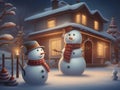 a funny snowman wearing hat and scarf standing in the backyard of the idyllic house. Royalty Free Stock Photo