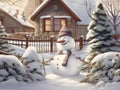 a funny snowman wearing hat and scarf standing in the backyard of the idyllic house. Royalty Free Stock Photo