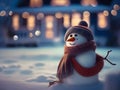 a funny snowman wearing hat and scarf standing in the backyard of the idyllic house. Royalty Free Stock Photo