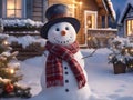 a funny snowman wearing hat and scarf standing in the backyard of the idyllic house. Royalty Free Stock Photo