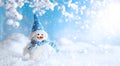 Funny Snowman on winter snowy background with snowy branches. Christmas or Winter concept Royalty Free Stock Photo