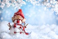 Funny Snowman on winter snowy background with snowy branches. Christmas or Winter concept Royalty Free Stock Photo