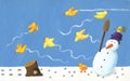 Funny snowman and yellow bird Royalty Free Stock Photo