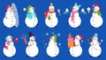 Funny snowmen. Elegant happy snowman, christmas characters wear scarf and hat. Seasonal cute xmas holiday, baby stickers Royalty Free Stock Photo