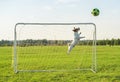 Funny soccer football goalie keeper saving a goal Royalty Free Stock Photo