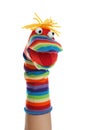 Funny sock puppet for show on hand against white background